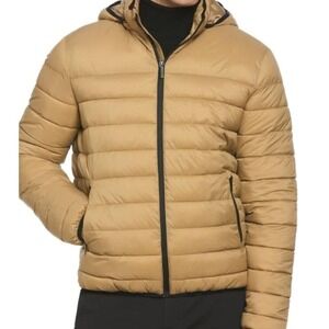 PERRY ELLIS Puffer Jacket Mens XXL Camel Tan New Quilted Hooded Lightweight
